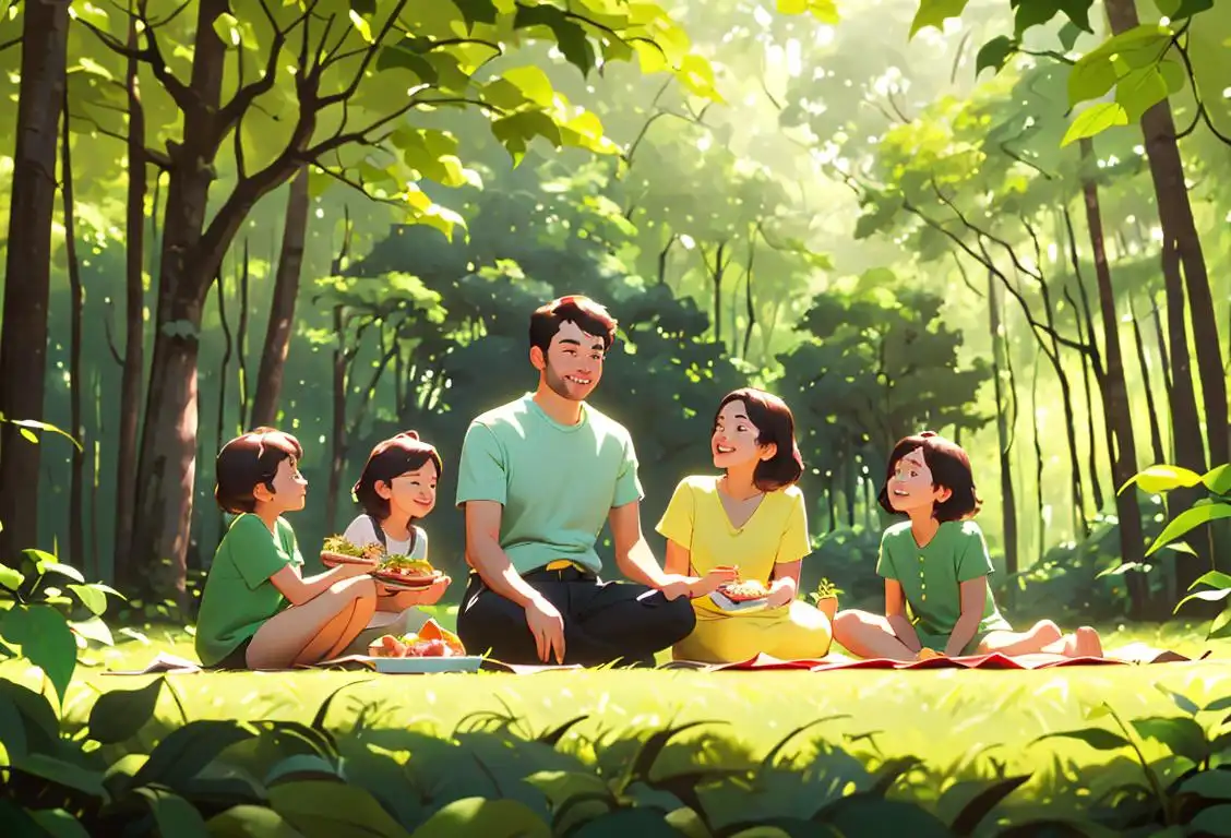 A joyful family surrounded by lush green trees, wearing casual outdoor clothing, enjoying a picnic in a sunny forest clearing..
