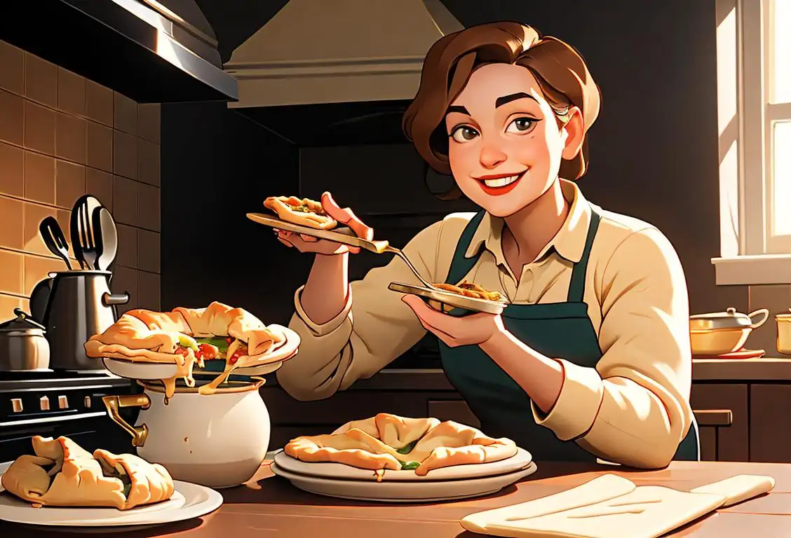 A person holding a golden-brown pot pie, a fork in their other hand, smiling in a cozy kitchen setting..