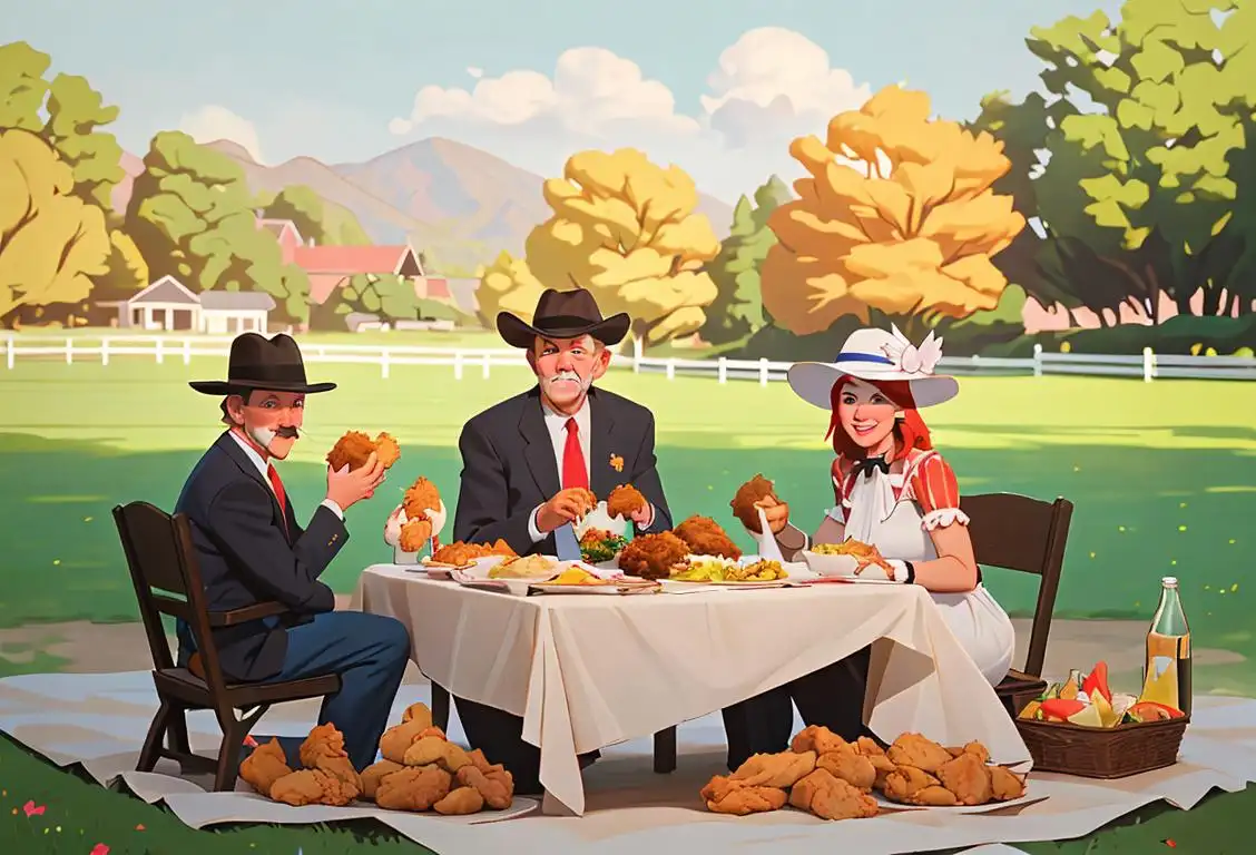 Group of people wearing Kentucky Derby hats, enjoying fried chicken at a lively outdoor picnic, surrounded by beautiful horse-filled landscapes..