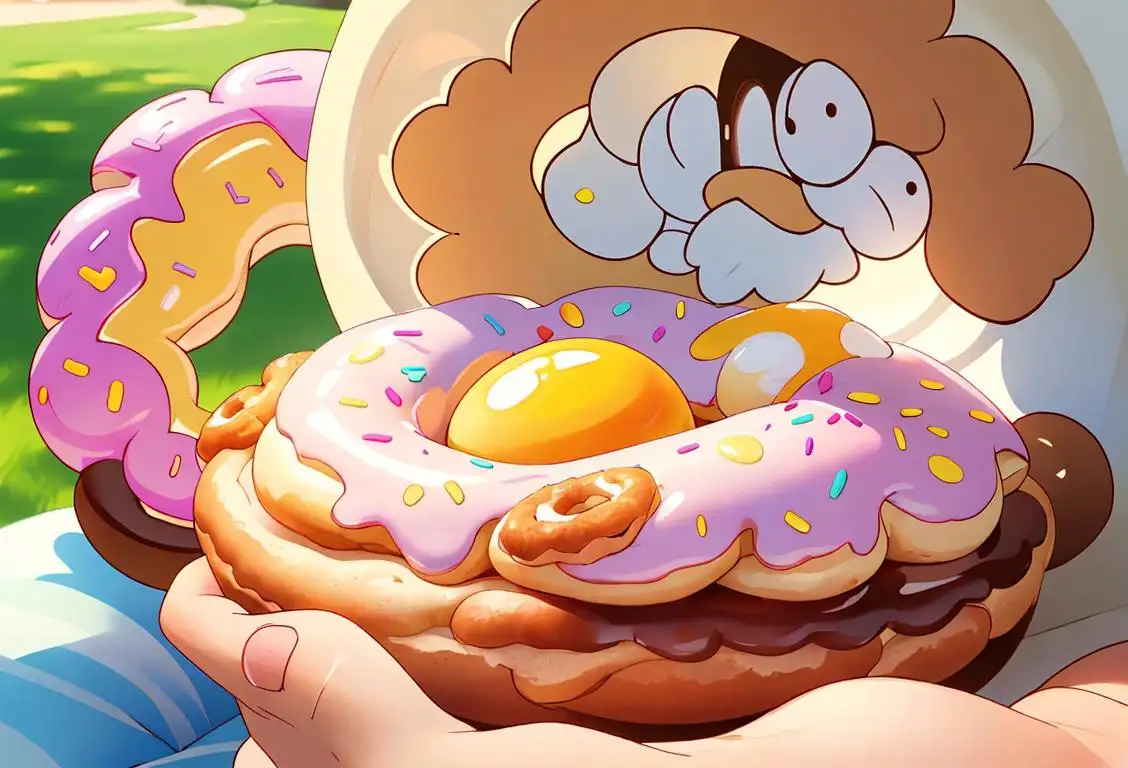 Joyful person holding a donut with a sunny-side up egg pattern, wearing a cozy sweater, picnic in a sunny park..