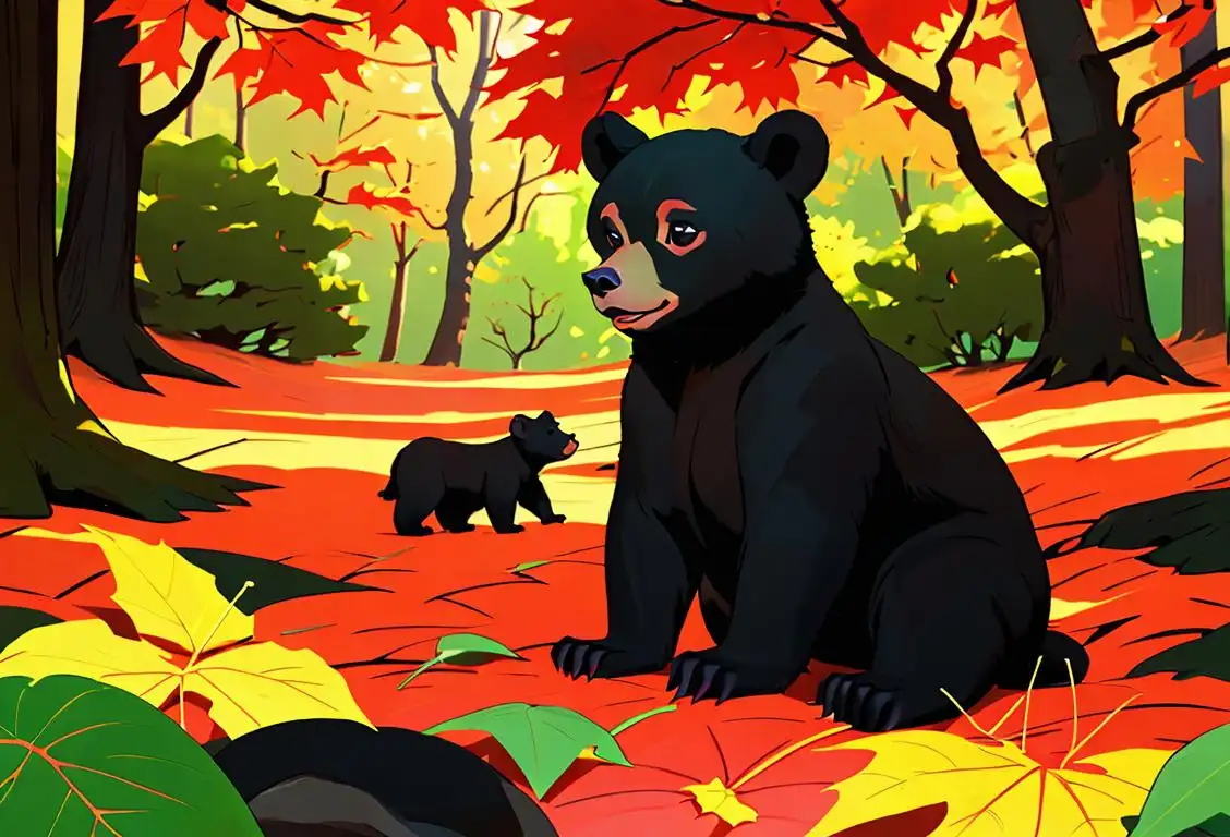 Adorable black bear cub exploring a lush forest, with a curious expression, surrounded by colorful autumn leaves..