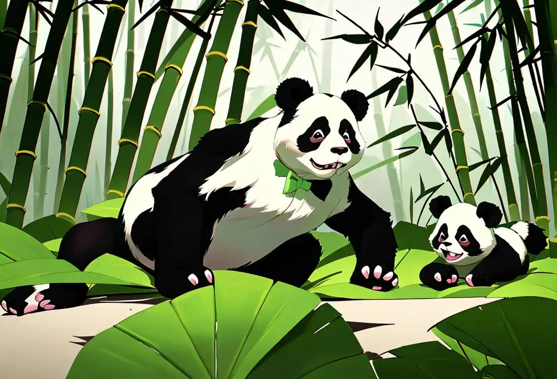 Playful black and white pandas frolicking in a bamboo forest, wearing matching polka-dot bowties, against a backdrop of lush greenery..