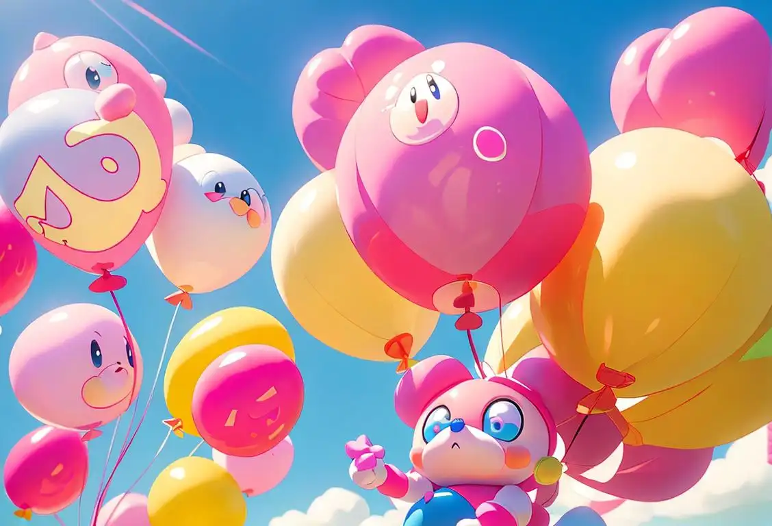 Cute, pink puffball Kirby surrounded by colorful balloons in a vibrant, retro-themed setting with people wearing 90s fashion..