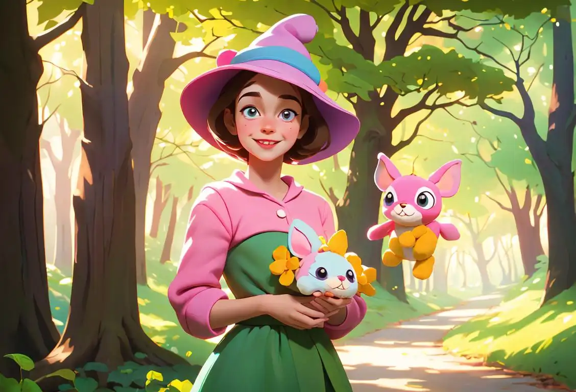 Young girl with a playful smile, holding a plush Tilly toy, wearing a colorful hat, whimsical fairytale forest setting..