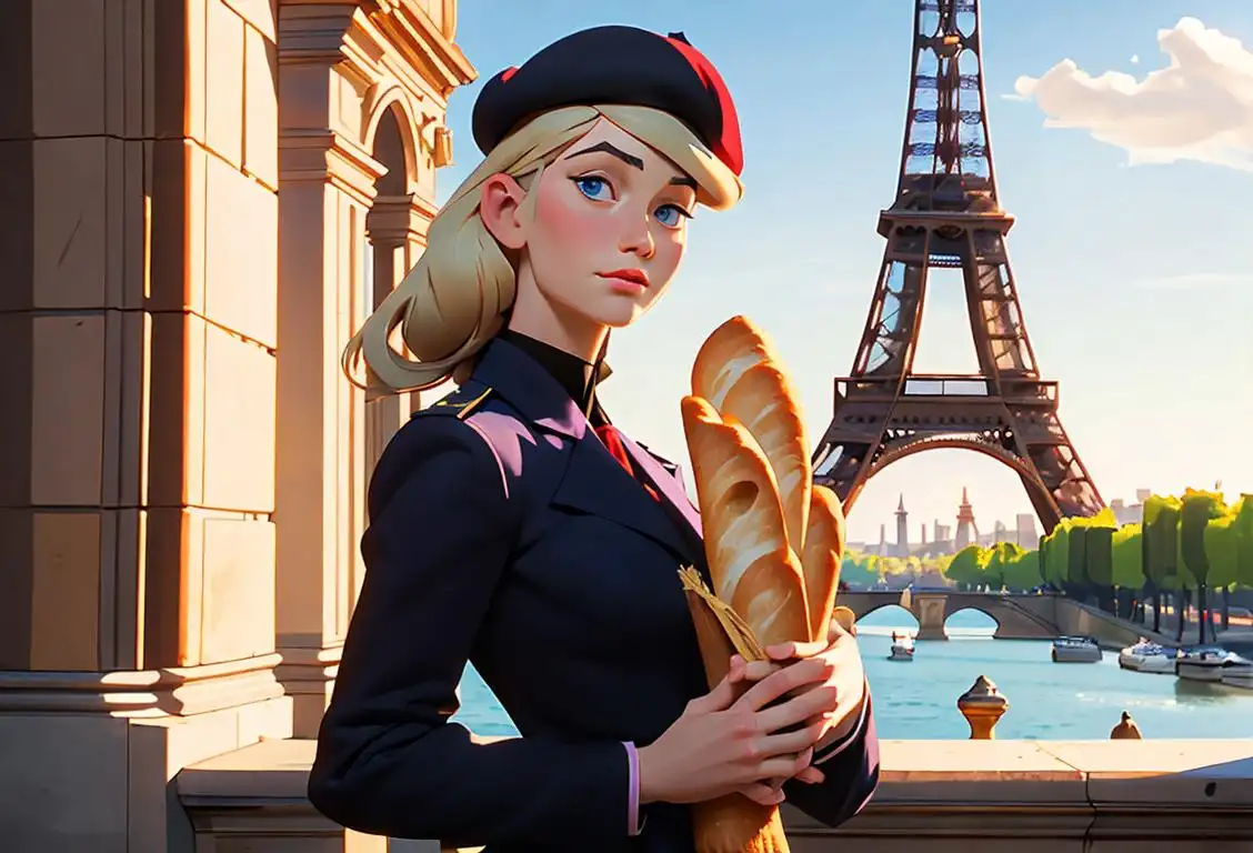 A person wearing a beret and holding a baguette, surrounded by iconic French landmarks like the Eiffel Tower and the Louvre..