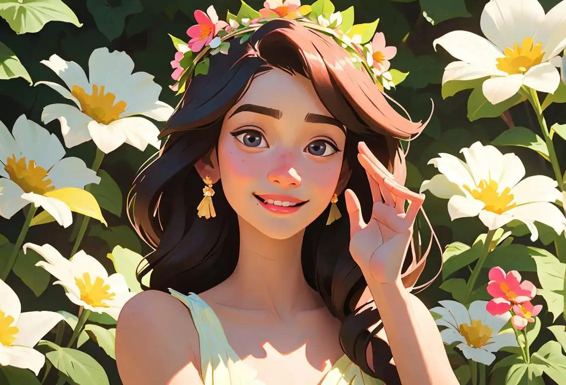 Young individual with a gentle smile, wearing a flower crown, boho fashion, surrounded by blooming gardens..
