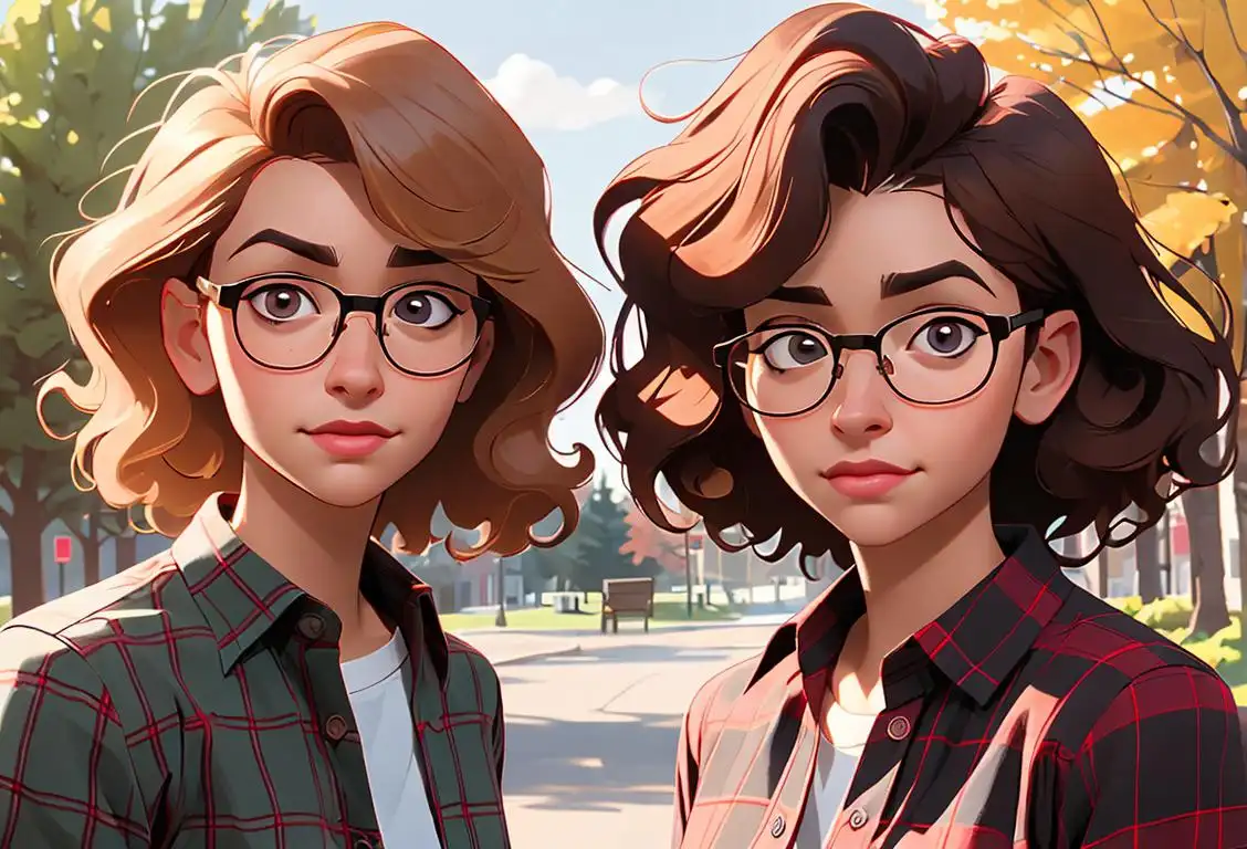 Two people side by side, one with curly hair, glasses, and flannel shirt, other with straight hair, contacts, and plaid shirt, outdoors scene..