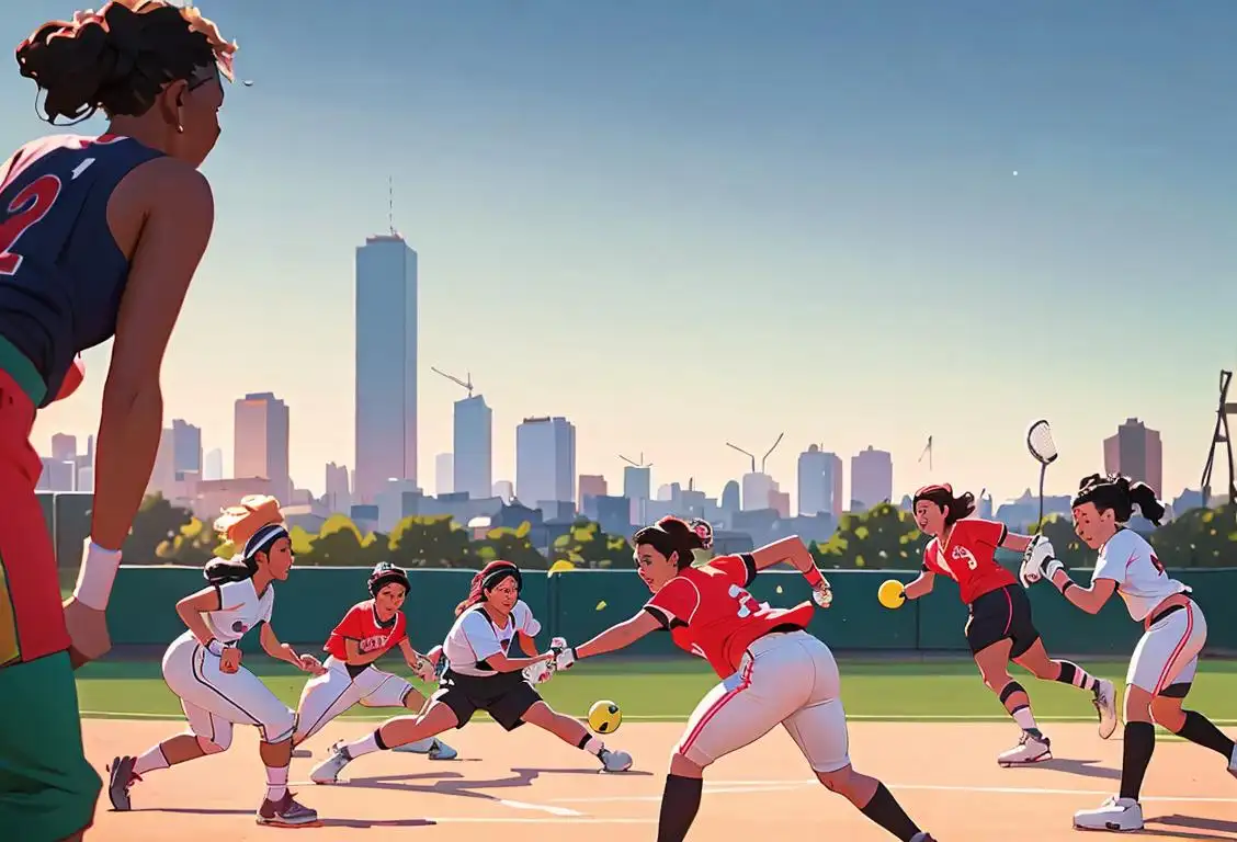 A diverse group of people playing a team sport outdoors, wearing sporty attire, with a vibrant cityscape in the background..