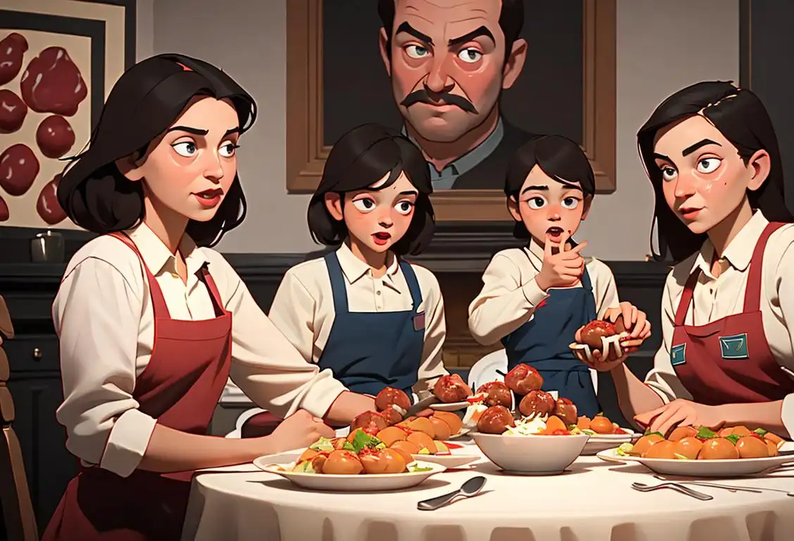 A family gathering around a table, enjoying a plateful of mouthwatering meatballs, with a cozy home setting, and everyone dressed in their favorite aprons..