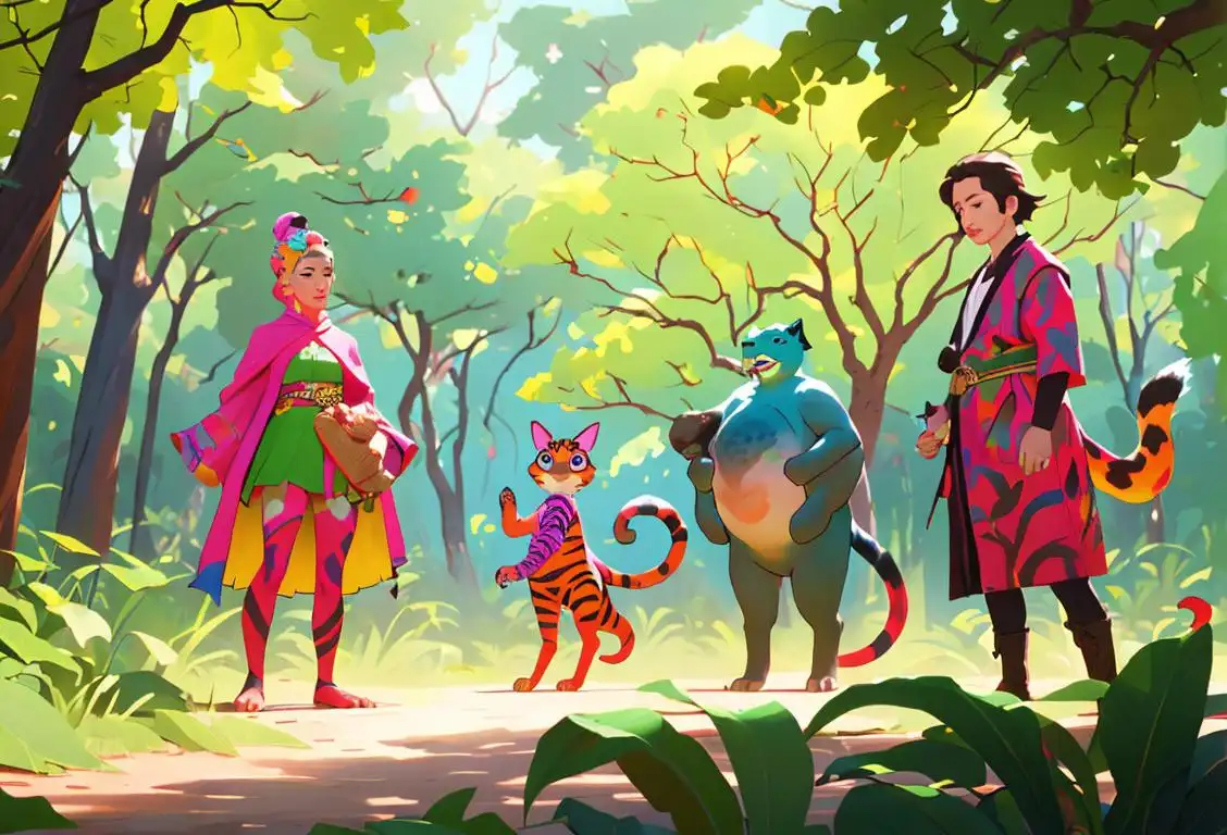 A diverse montage showing a brave group of individuals representing various threatened species, dressed in colorful outfits and standing in a lush, natural habitat..
