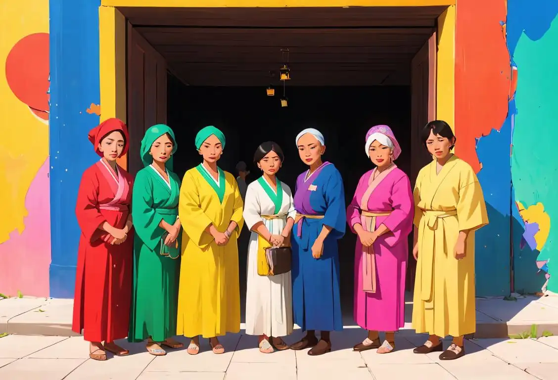 A diverse group of individuals wearing colorful clothing, representing different cultures and ethnicities, standing together in a peaceful outdoor setting..