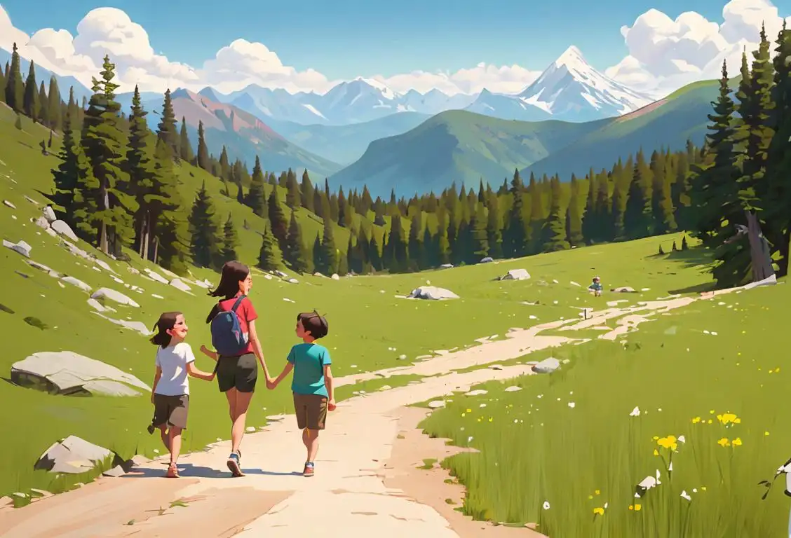 Family hiking in a national park, wearing matching t-shirts, surrounded by beautiful landscapes and a picnic scene..