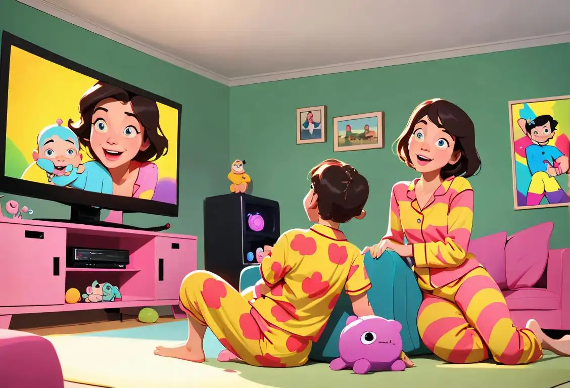 A joyful family gathered around a television set, wearing matching pyjamas, bright living room with colorful decorations..
