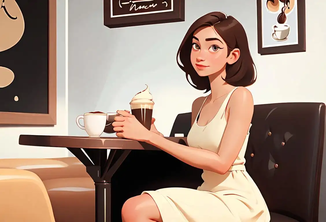 Young woman enjoying a scoop of coffee ice cream, wearing a trendy sundress, sitting in a cozy coffee shop..