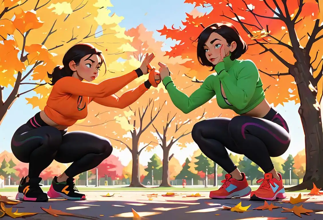 Young adults doing squat exercises, wearing colorful workout attire, in a park surrounded by vibrant autumn leaves..