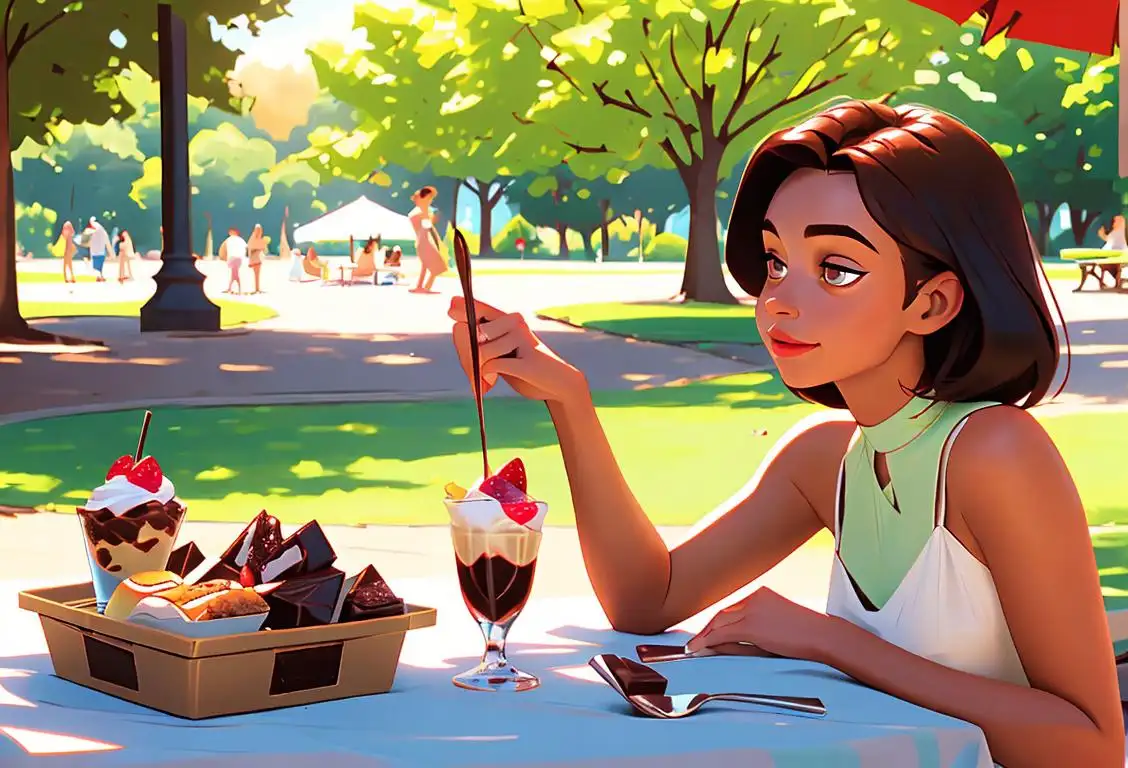 Young woman enjoying a chocolate parfait, wearing a sundress, summer picnic in a park setting..