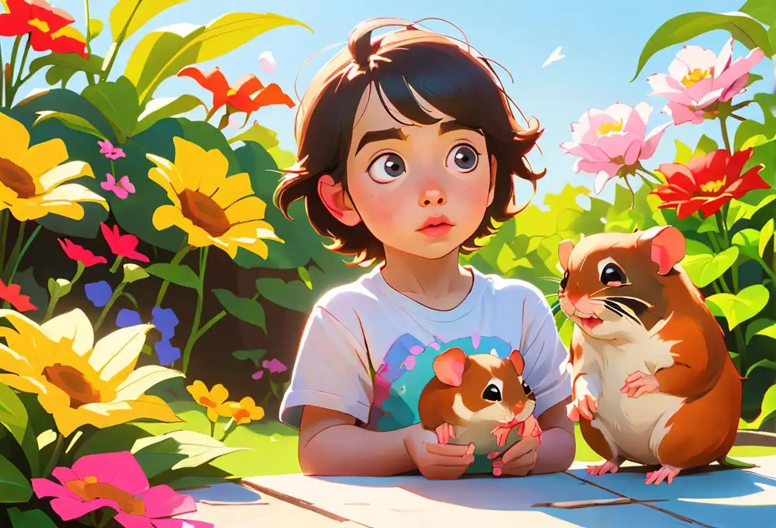 Cute child holding a hamster in their hand, wearing a colorful t-shirt, surrounded by a whimsical garden scene with flowers and sunshine..