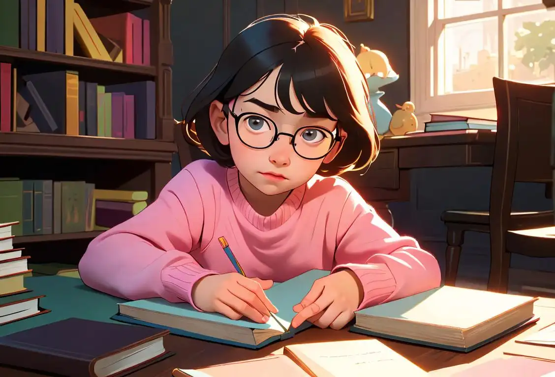 A child with glasses, surrounded by colorful books, wearing a cozy sweater, sitting in a well-lit library..