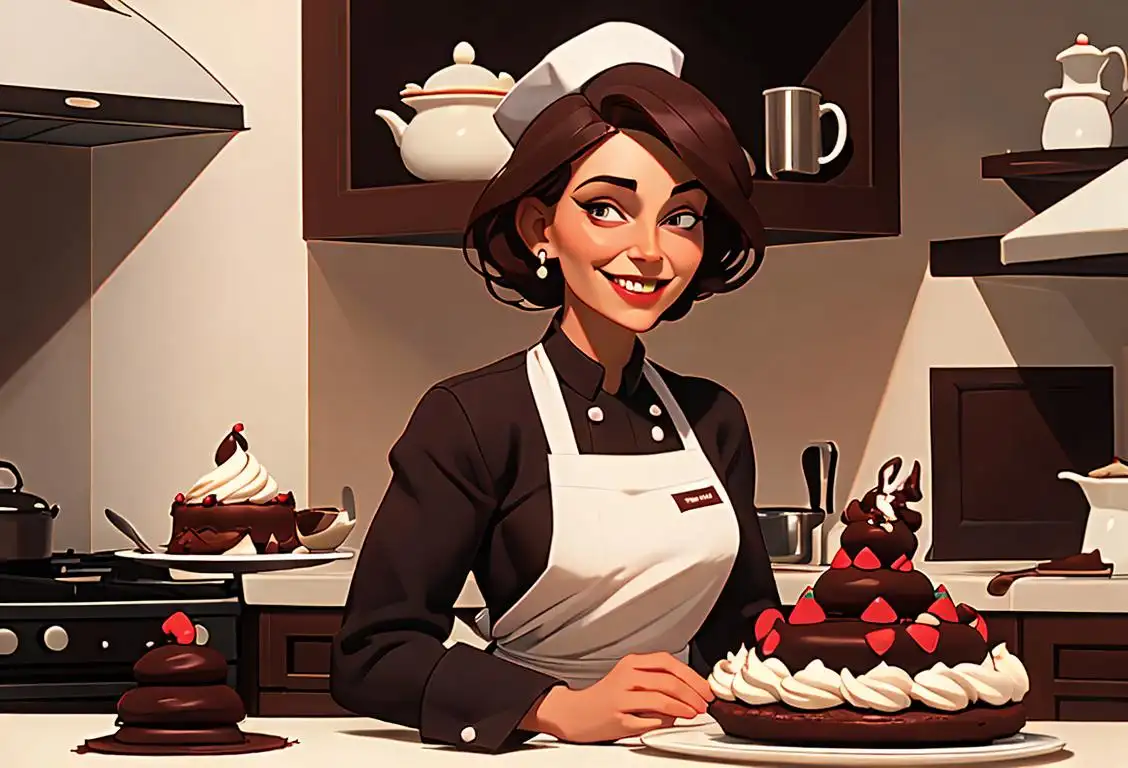 A smiling woman in a chef hat, holding a devil's food cake surrounded by chocolatey decorations, baking in a cozy kitchen..