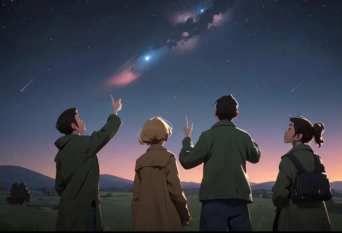 A group of people gazing up at the night sky in wonder, some pointing towards a bright unidentified object, near a serene countryside setting..