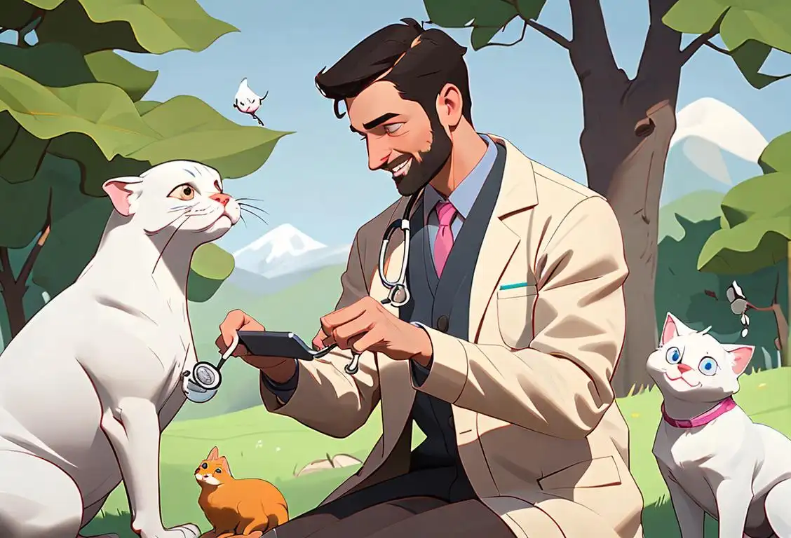 Veterinarian wearing a white coat, holding a stethoscope, surrounded by diverse group of happy animals, nature backdrop..