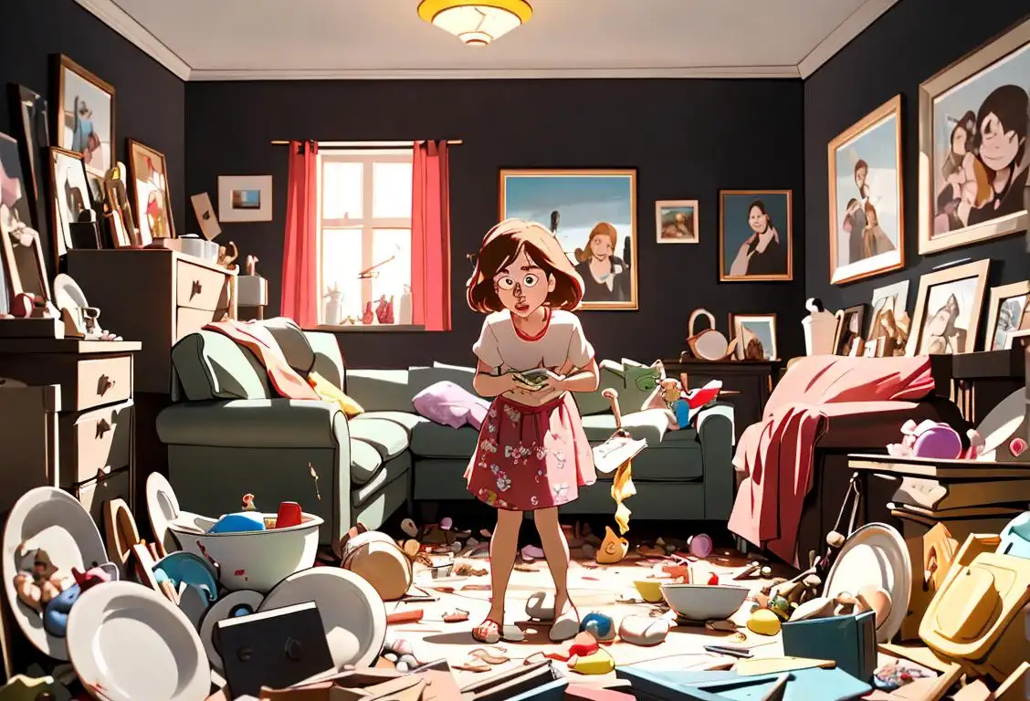 A mother wearing casual clothes, surrounded by an explosion of toys and dirty dishes, showcasing her overwhelmed expression and messy living room..