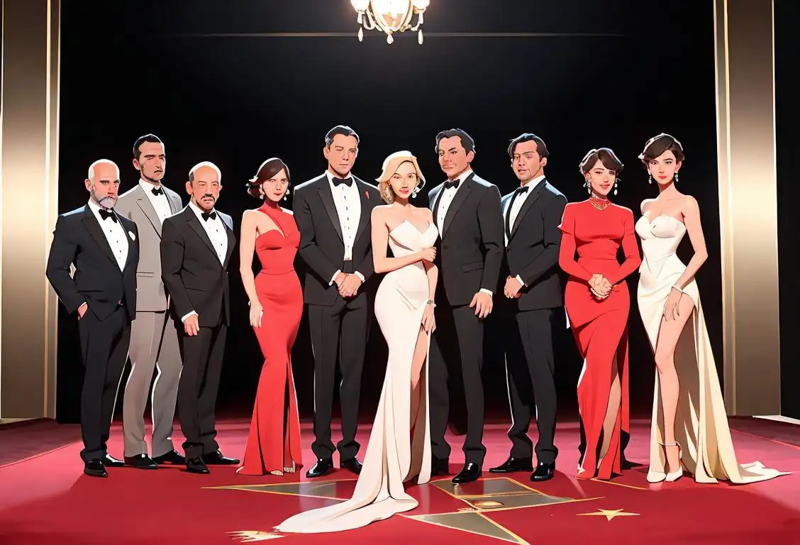 Group of actors posing for a red carpet photo, dressed in elegant attire, Hollywood stars, paparazzi frenzy..