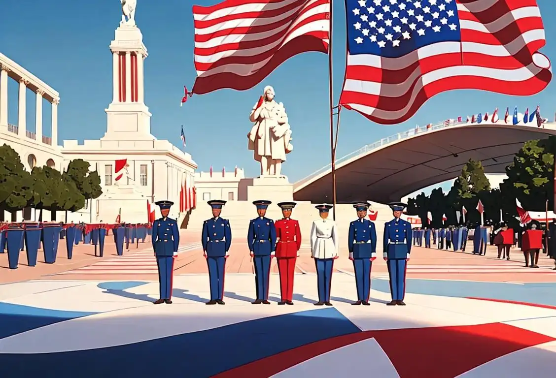 A diverse group of people, dressed in patriotic attire, standing in front of iconic landmarks and holding American flags..