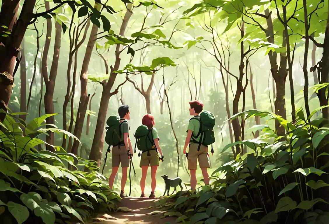 Group of friends in hiking gear standing at the edge of a lush forest, with backpacks, binoculars and nature guidebooks..
