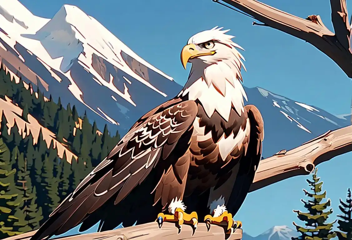 Close-up shot of a majestic bald eagle perched on a branch, with a breathtaking mountain backdrop..