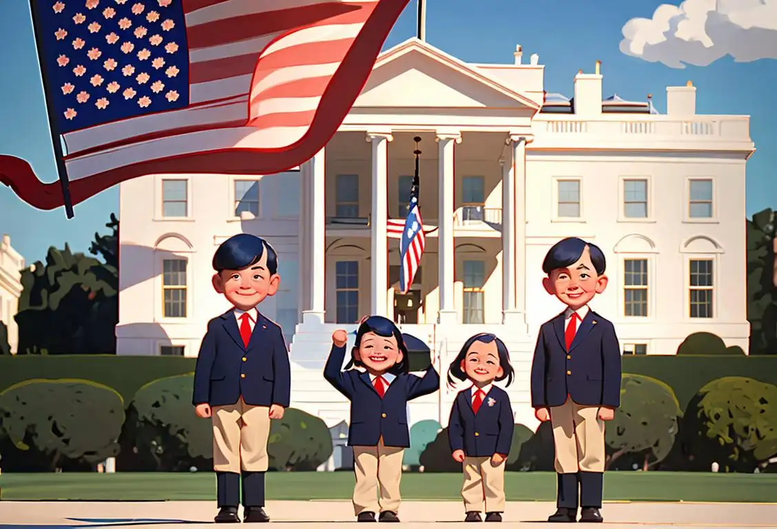 Smiling children holding miniature American flags, dressed in patriotic attire, standing in front of the White House..