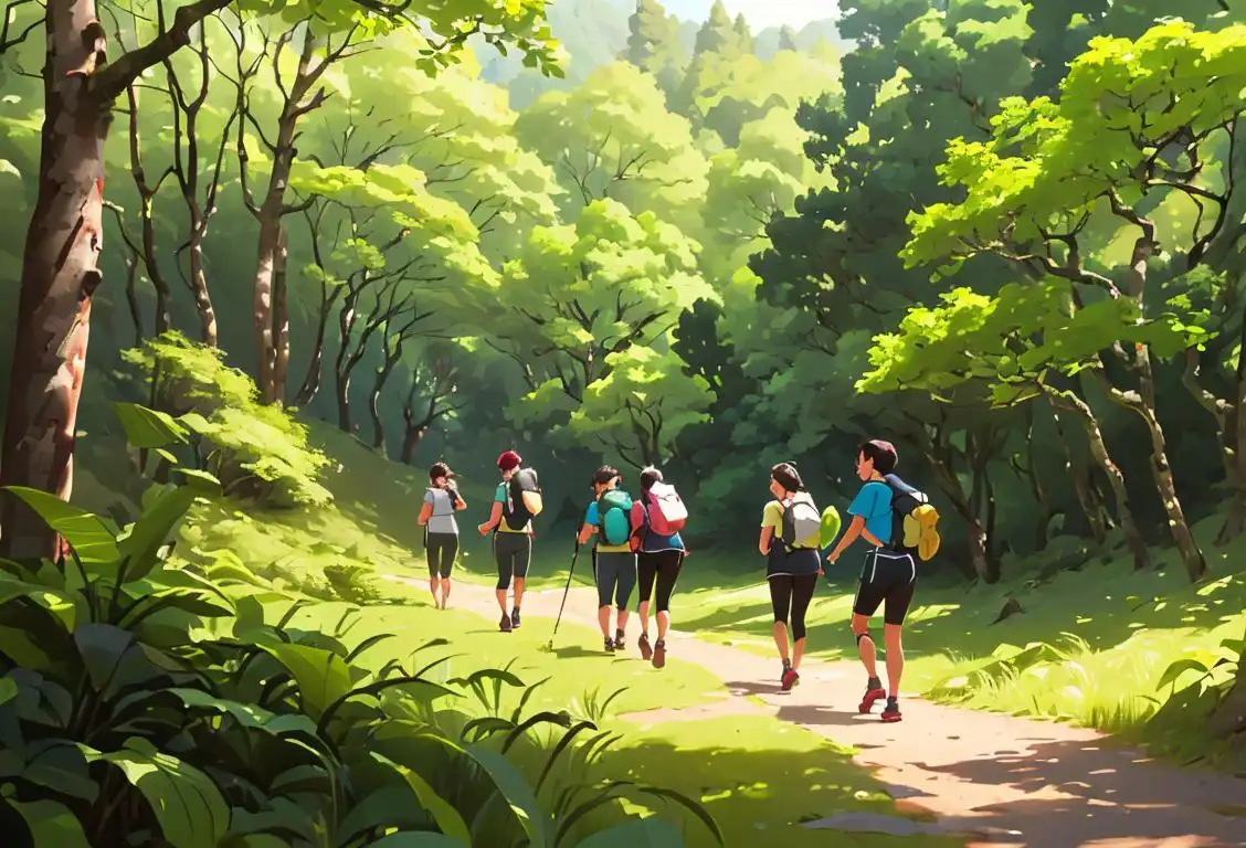 Group of diverse individuals hiking through a lush forest, sporting various outdoor clothing styles and surrounded by breathtaking scenic landscapes..