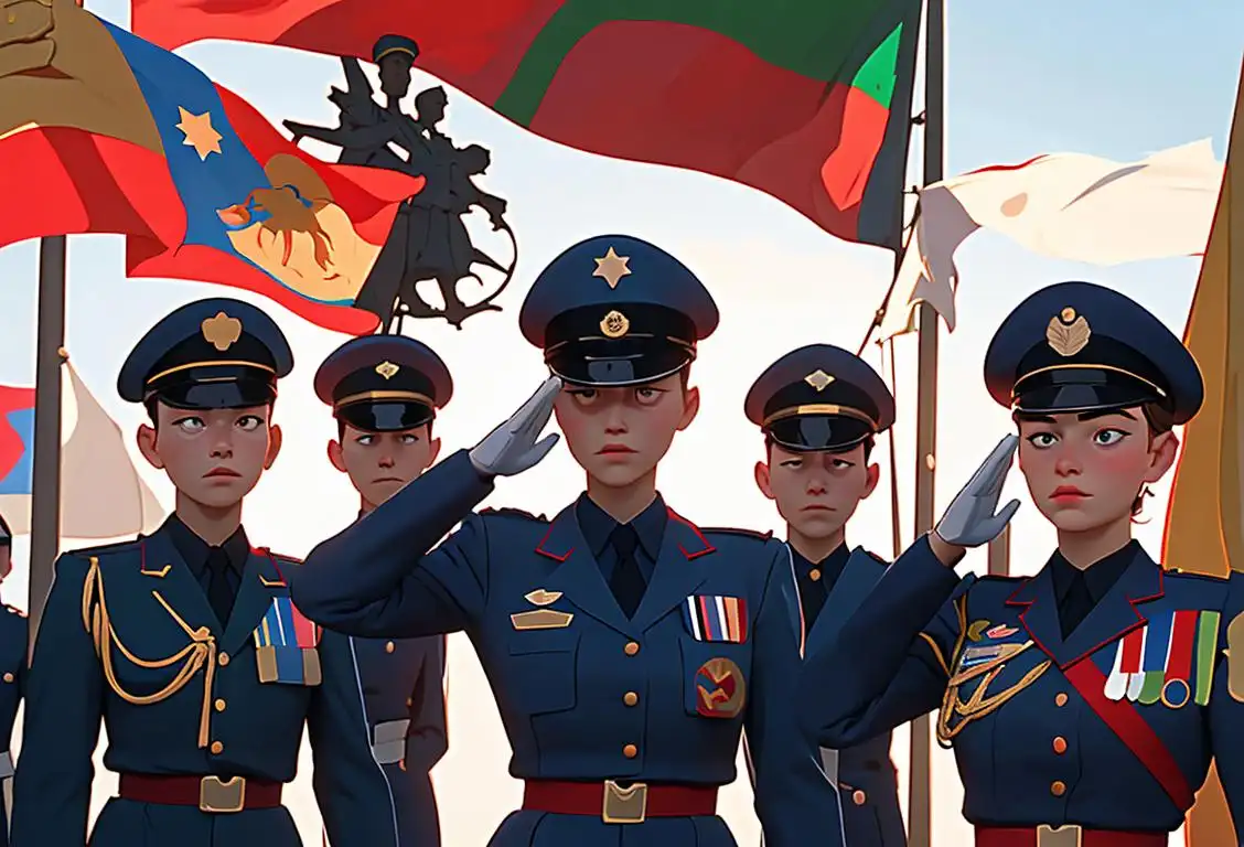 A group of cadets in uniform, saluting the flag during the National Cadet Corps Republic Day celebration. Vibrant colors, military style, patriotic setting..