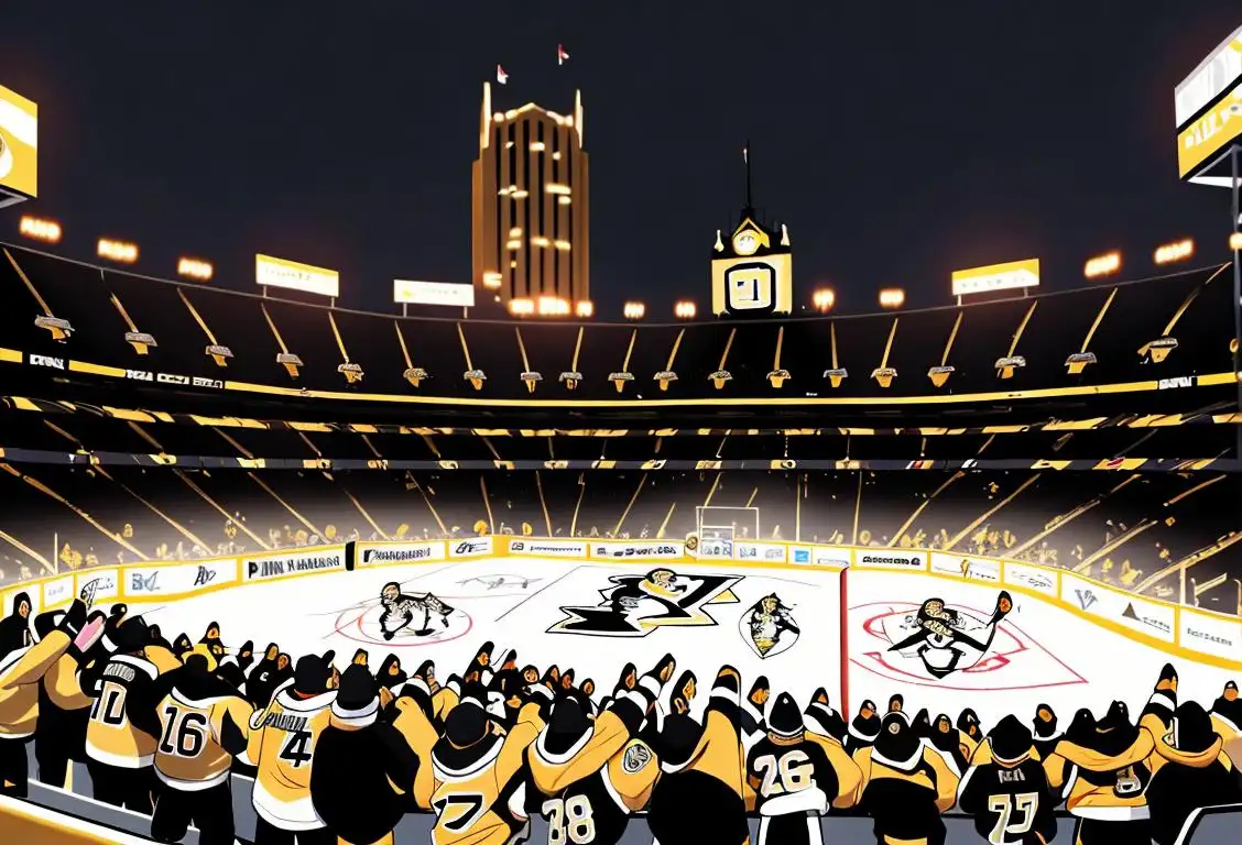 An enthusiastic crowd in hockey jerseys, cheering on the Pittsburgh Penguins, wearing unmistakable black and gold. Plus, an iconic Pittsburgh skyline in the background!.