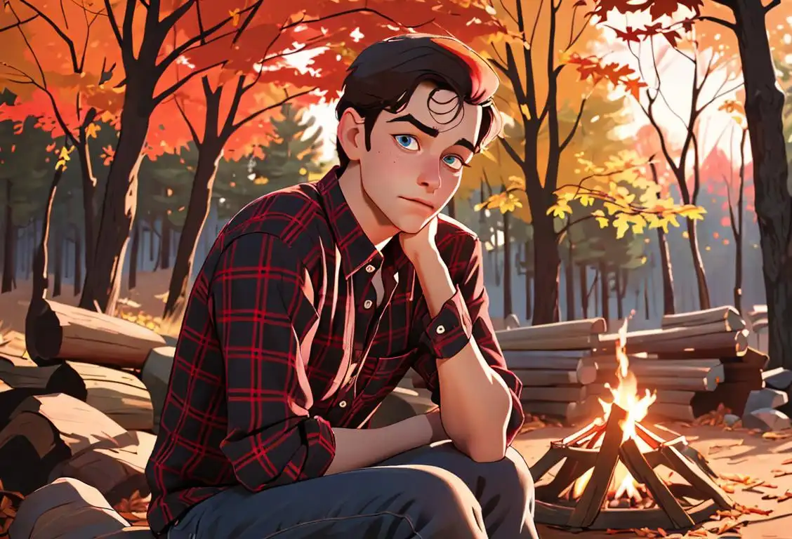 Young man wearing a flannel shirt, sitting by a cozy campfire, surrounded by fall foliage..