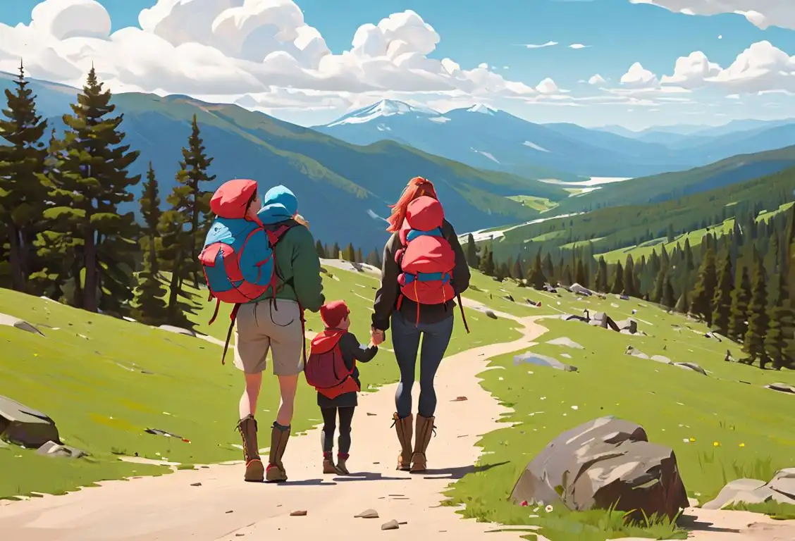 A family wearing matching outdoorsy outfits, hiking boots, and carrying backpacks, exploring a breathtaking mountain landscape..