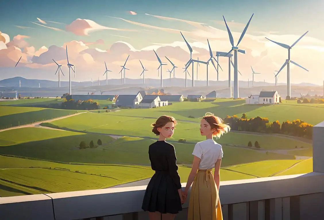 Young people in sustainable fashion attire, surrounded by wind turbines against a backdrop of a modern eco-friendly cityscape..