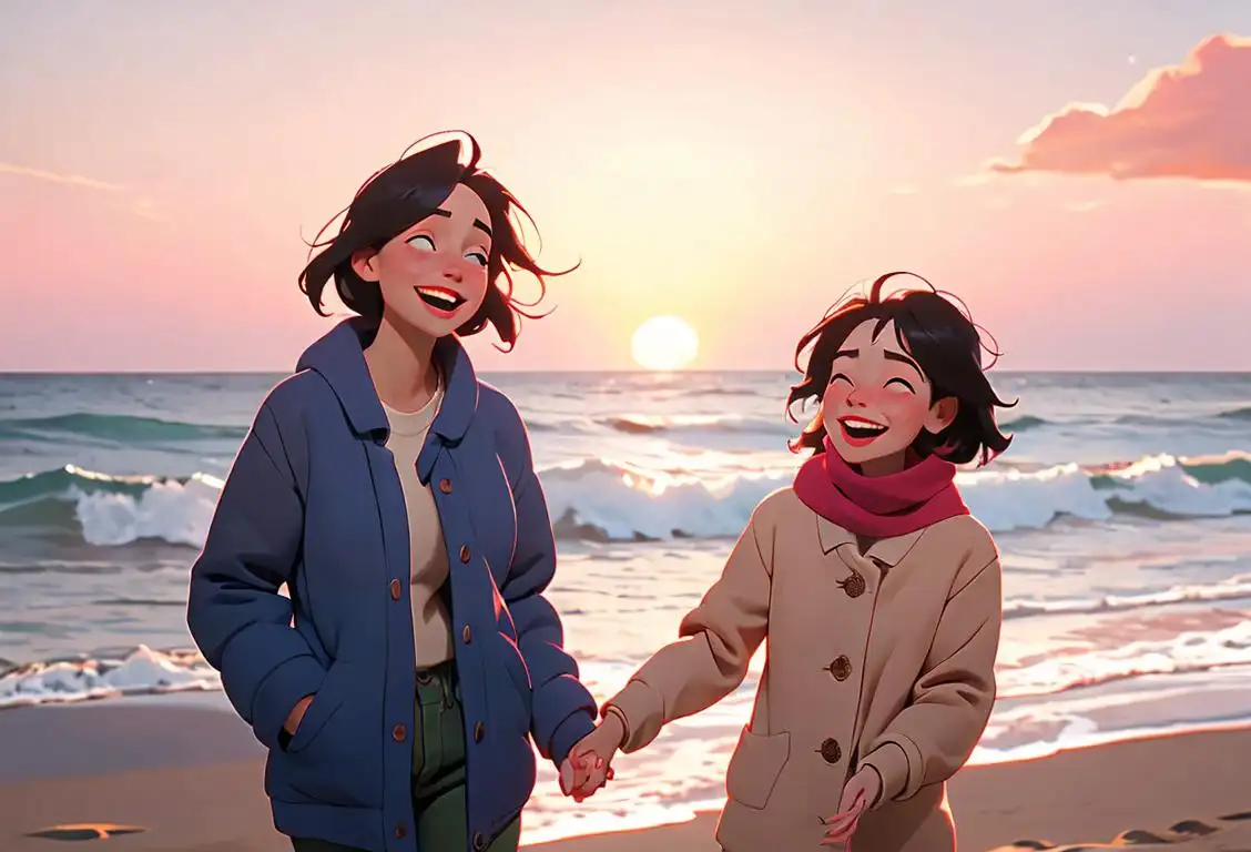 Two friends laughing and holding hands, one dressed in casual beach attire and the other in a cozy winter outfit, with a beautiful sunset in the background..