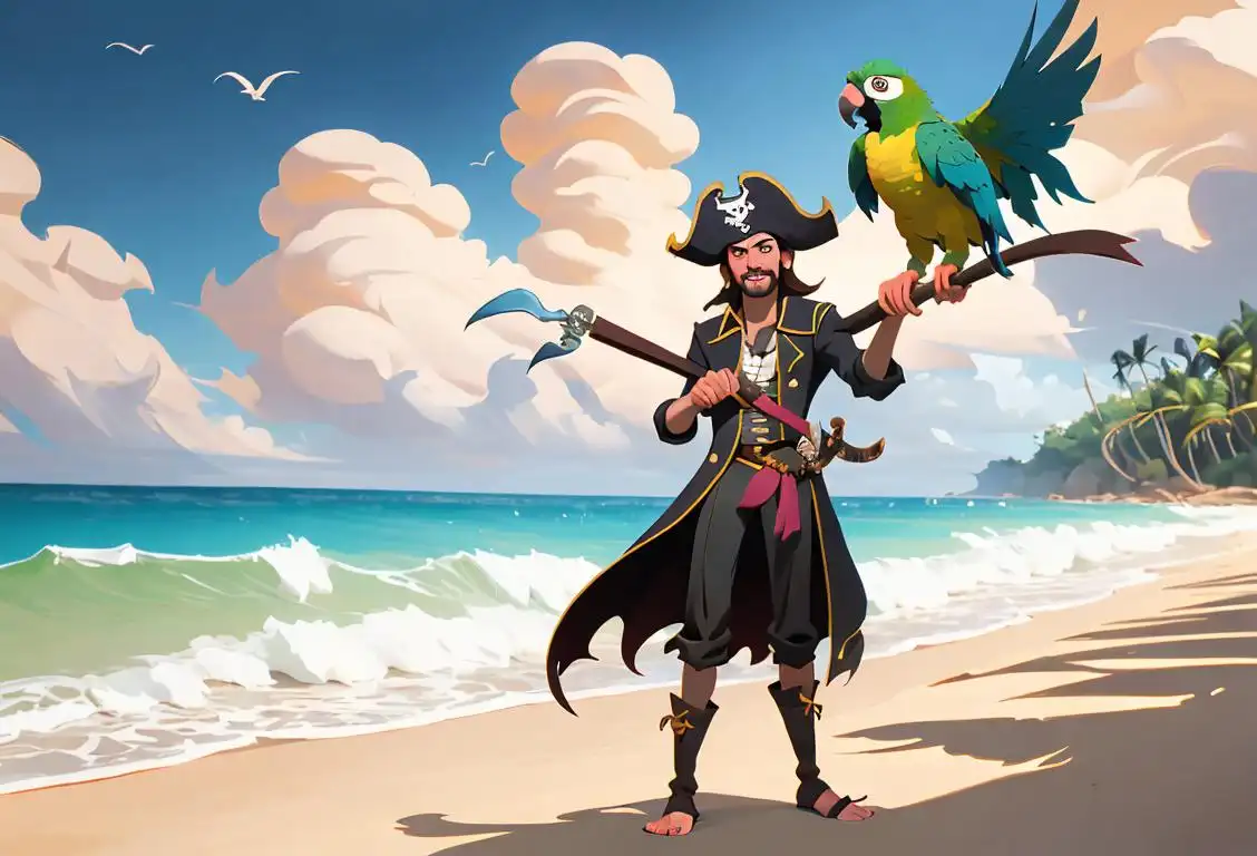 A lighthearted illustration featuring a mischievous pirate with a parrot on their shoulder, wearing swashbuckling attire, standing on a tropical beach..