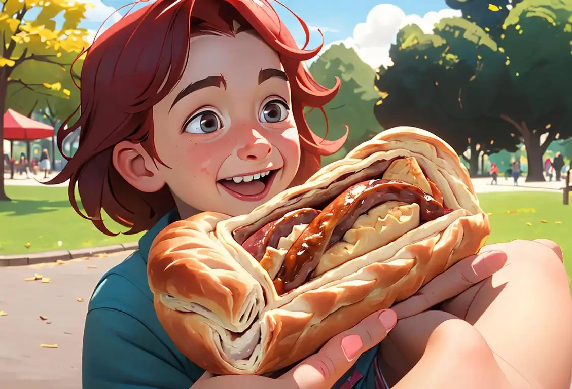 A joyful child with messy hair and a big smile, holding a freshly baked sausage roll in a park..