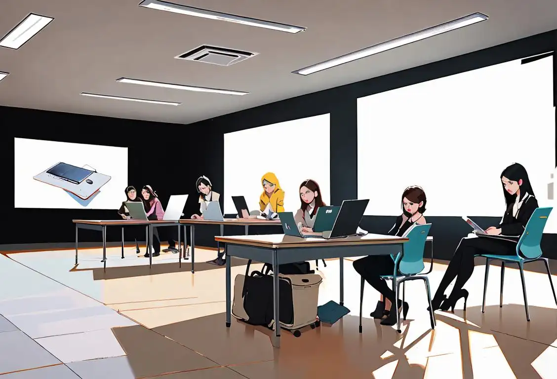 A group of diverse students using laptops and tablets, wearing trendy clothes, in a modern classroom setting..