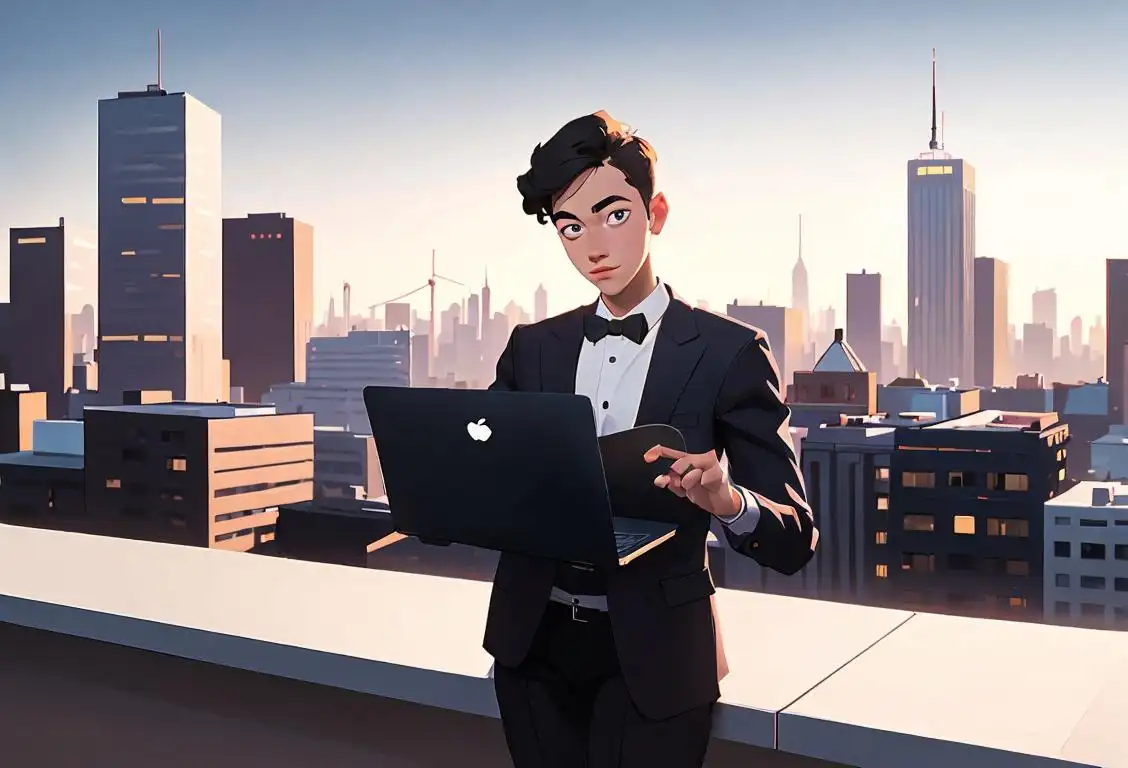 Young entrepreneur in a trendy outfit, holding a laptop with a city skyline in the background..