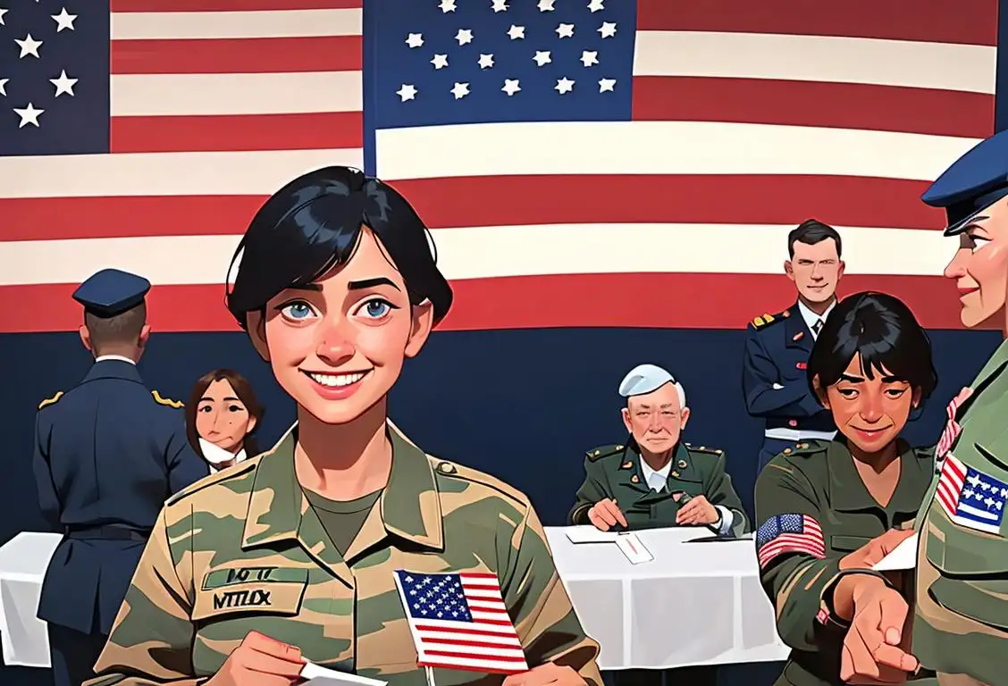 National Guard members in uniform helping at polling locations with American flag backdrop, diverse group, friendly smiles, voting booths in the background..