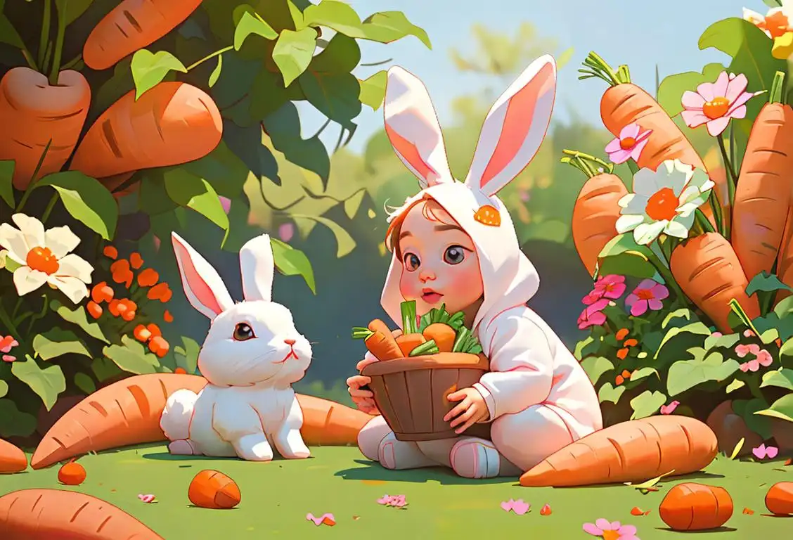 A young child wearing bunny ears, surrounded by plush bunnies and carrots, in a colorful garden..