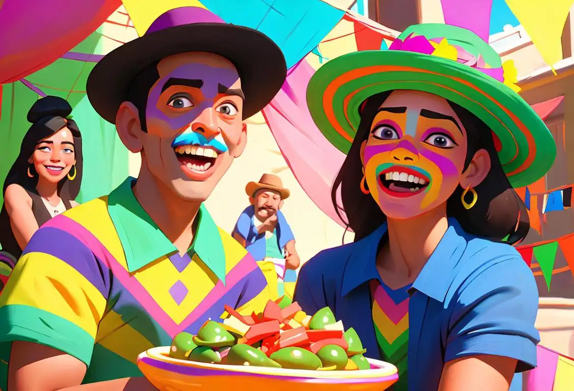 Two friends wearing colorful sombreros, a pinata in the background, sharing laughter and guacamole, vibrant Mexican fiesta atmosphere..