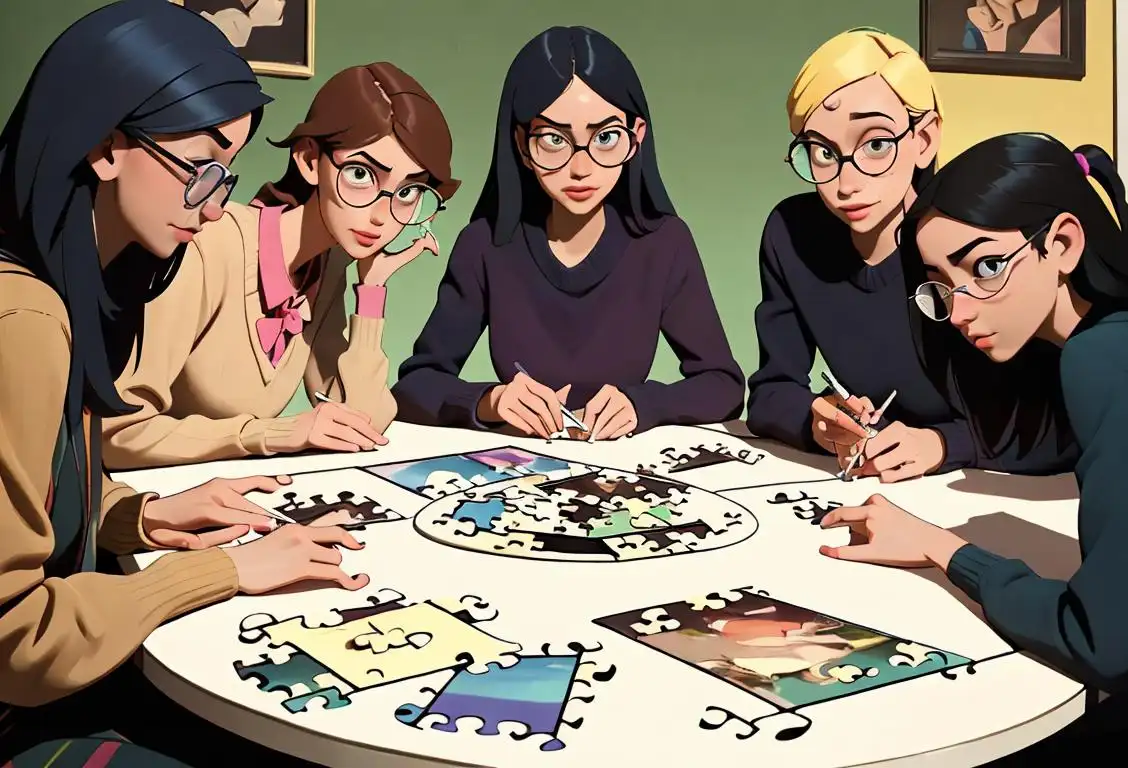 A diverse group of people gathered around a table, solving a challenging puzzle together, dressed in casual and comfortable clothing, with a backdrop of colorful puzzle pieces and magnifying glasses..