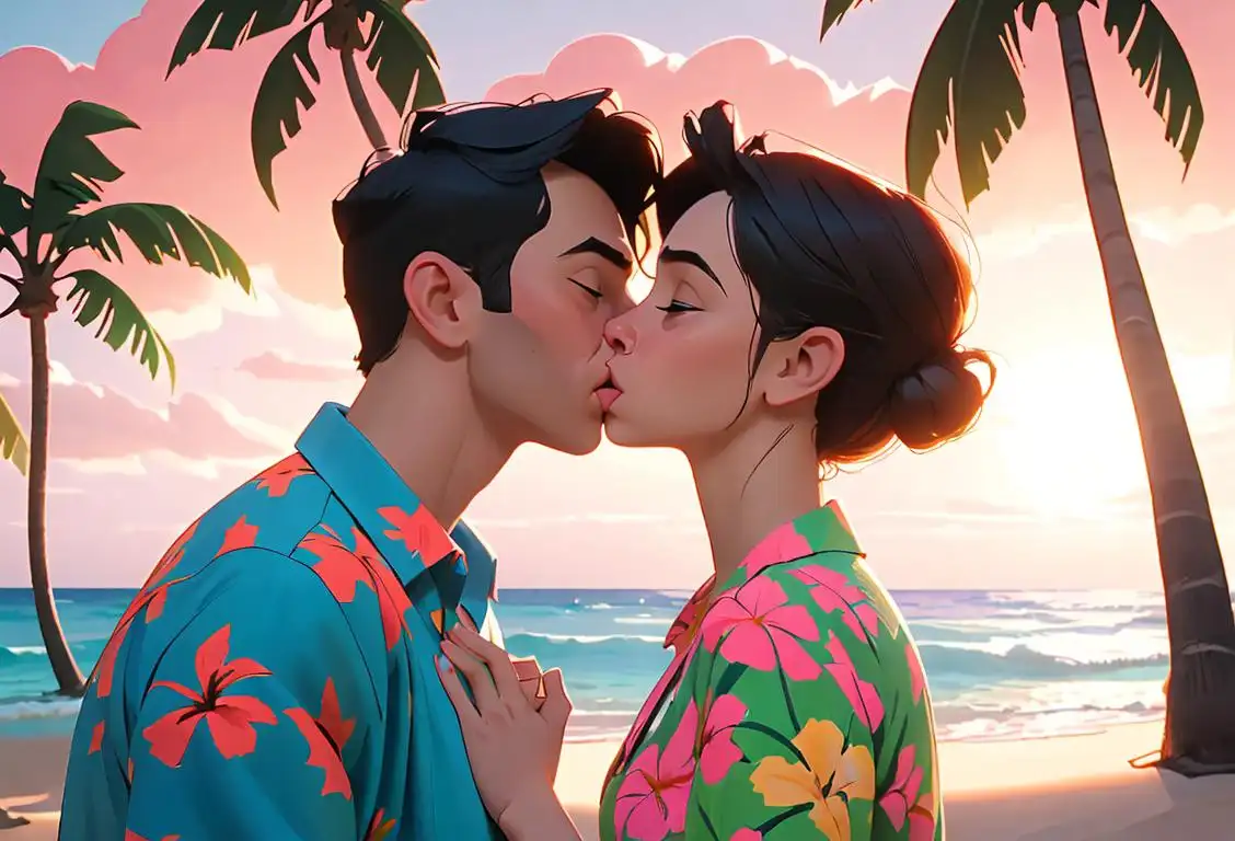 A couple sharing a tender kiss on a beautiful beach, wearing matching Hawaiian shirts, surrounded by palm trees..
