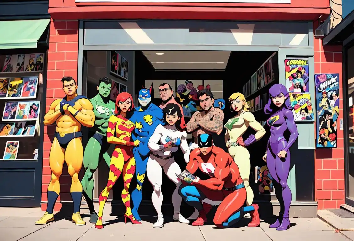 A diverse group of comic book fans dressed as their favorite characters posing in front of a comic book store, showing off their unique styles and vibrant costumes..