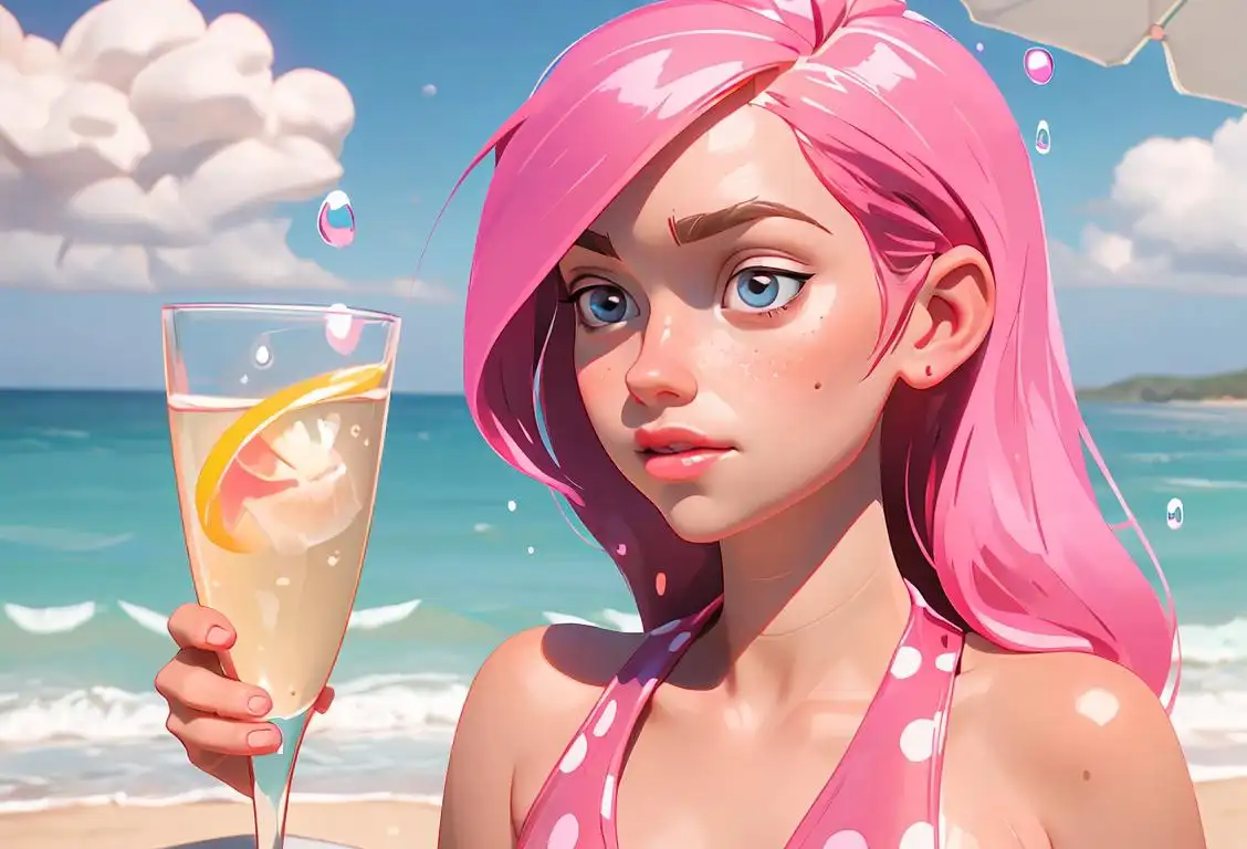 Bubbly glass of sparkling water with pink bubbles and a young woman in a polka-dot swimsuit, beach setting..