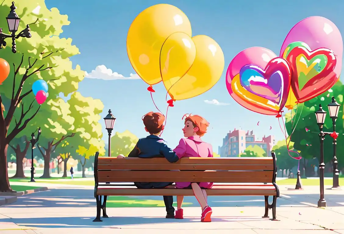 Two friends sitting on a park bench, holding hands, with colorful balloons in the background and wearing matching friendship bracelets..
